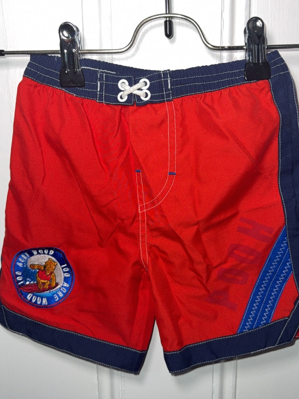 Vintage Pooh Red and Navy Boys Swim Trunks with Patch 12 months